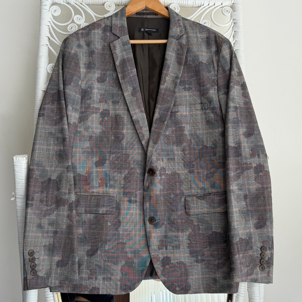 INC Mens Blazer Sport Coat Large Camo Print Slim Fit Dinner Jacket Party Suit